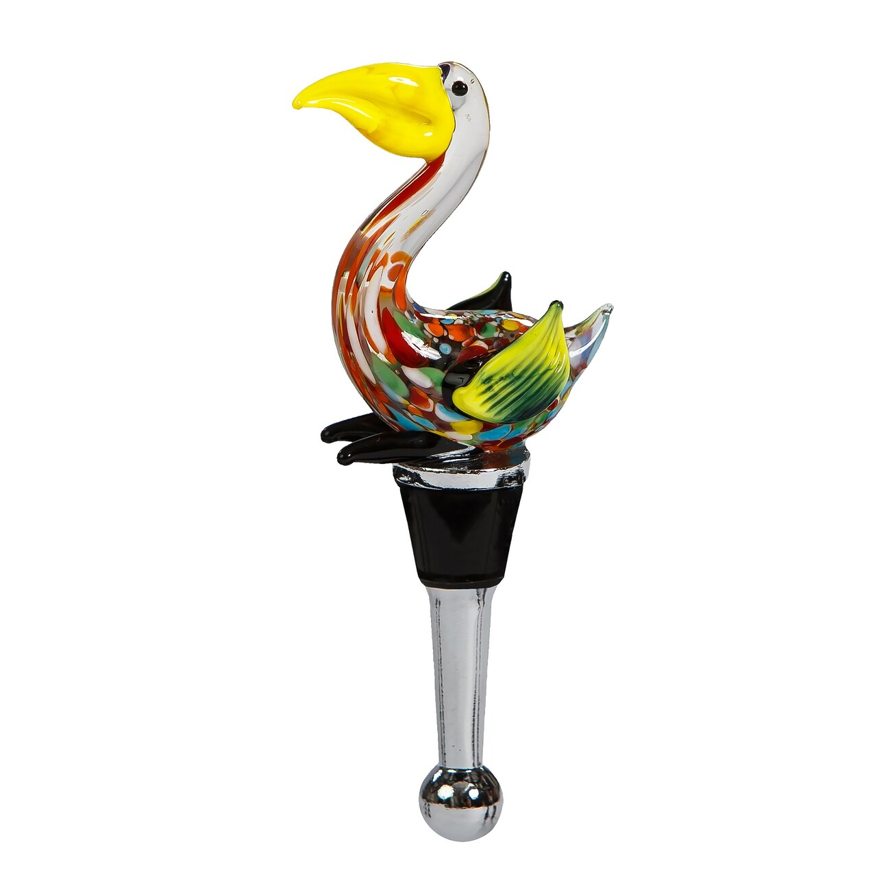 Picnic Plus 5" Yellow and Stainless Steel Handblown Glass Pelican Wine Bottle Stopper